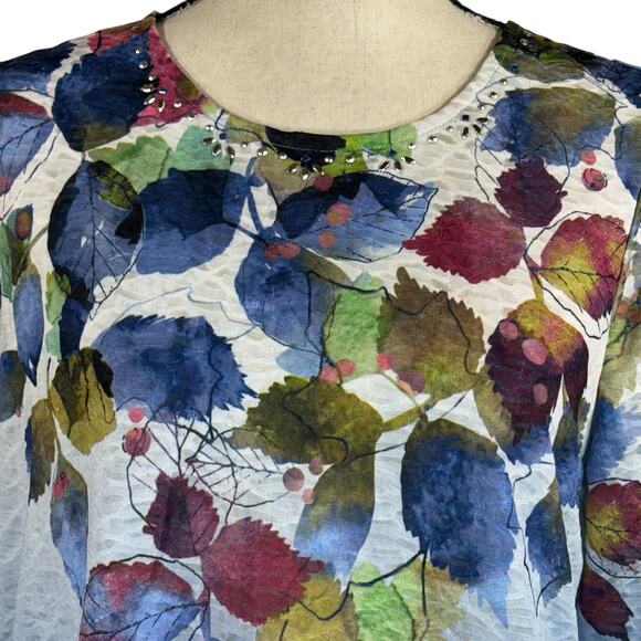 Alfred Dunner Small Top Leaf Print Stretch 3/4 Sleeve Lightweight Semi-Sheer - Picture 2 of 7